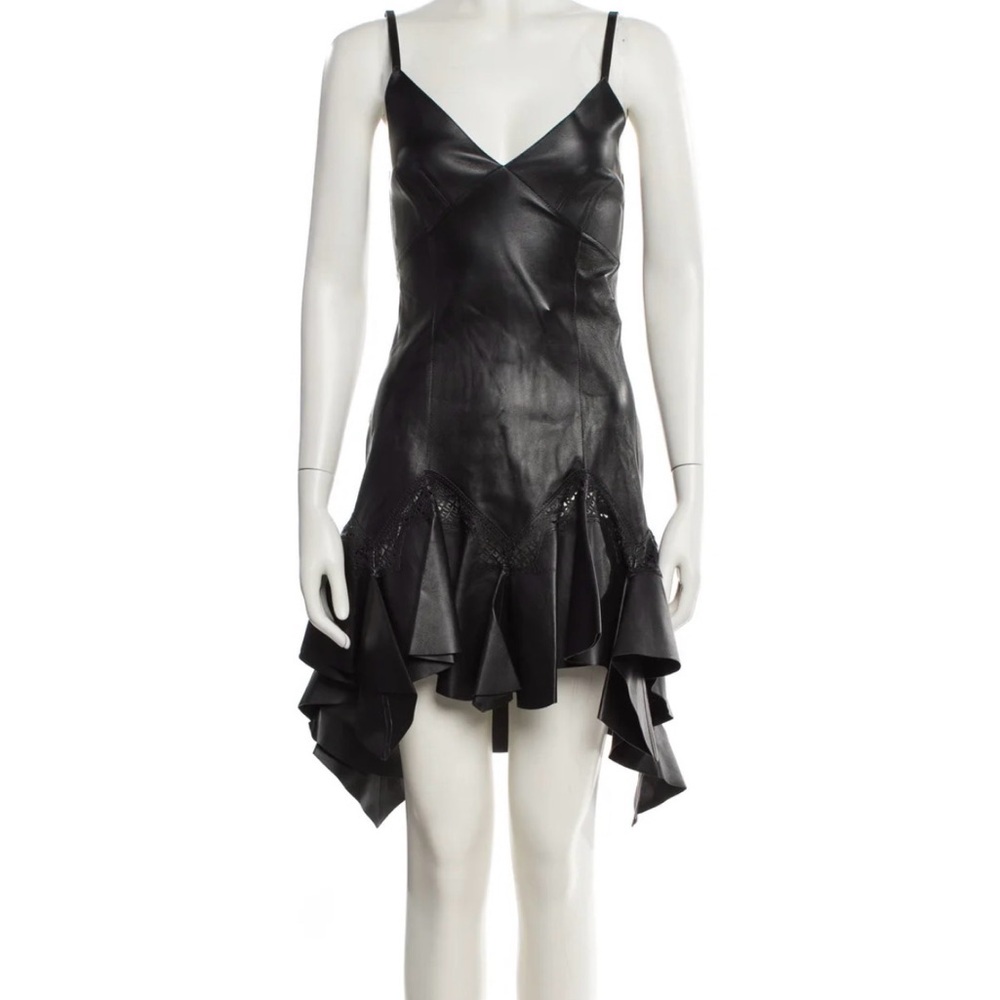 Givenchy Black Leather Asymmetrical Ruffle Slip Dress